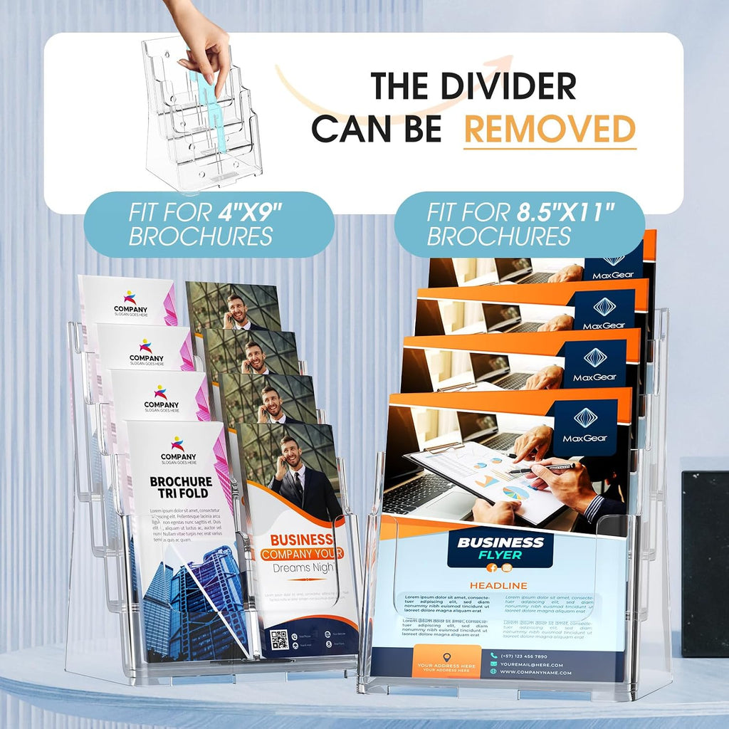 MaxGear Acrylic Brochure Holder 8.5 x 11 inch, 4 Tier Clear Literature Organizer Magazine Stand Display with Removable Divider for 4 x 9 inch Brochures, Pamphlet, Wall Mount or Countertop, 4 Pack