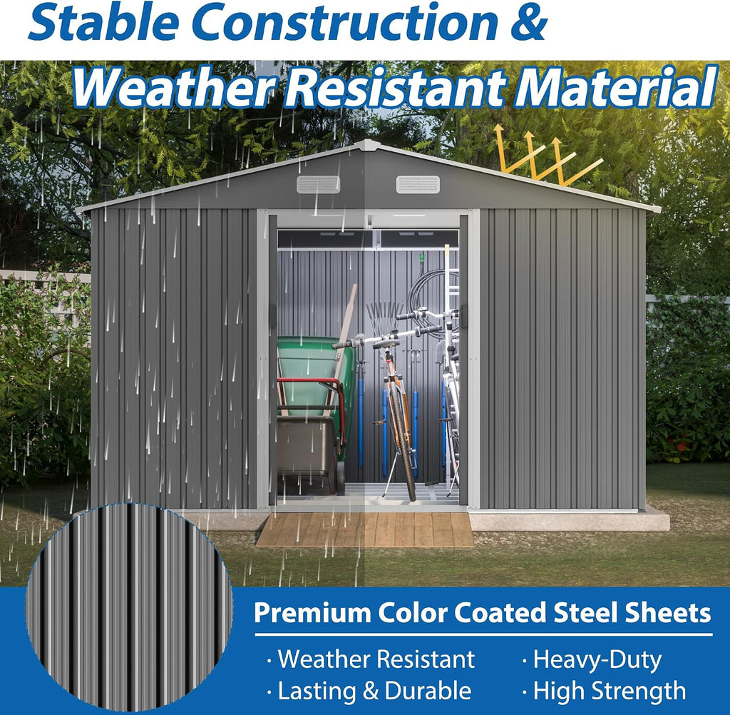 10x8 FT Outdoor Storage Shed with Sliding Doors & Air Vents - Aluminum Frame, Weatherproof Metal Shed for Garden, Backyard, Patio Equipment