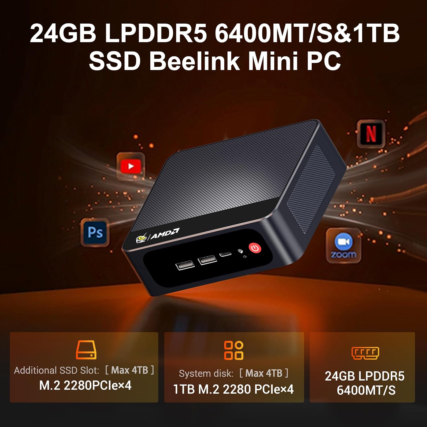 Beelink SER5 MAX Mini PC, AMD Ryzen 7 7735HS(Up to 4.75GHz), 24GB LPDDR5 1TB PCle4.0 SSD, AMD Radeon 680M Graphics/4k Triple Display/2.5Gbps LAN/USB3.2 Home/Office Mini Computer