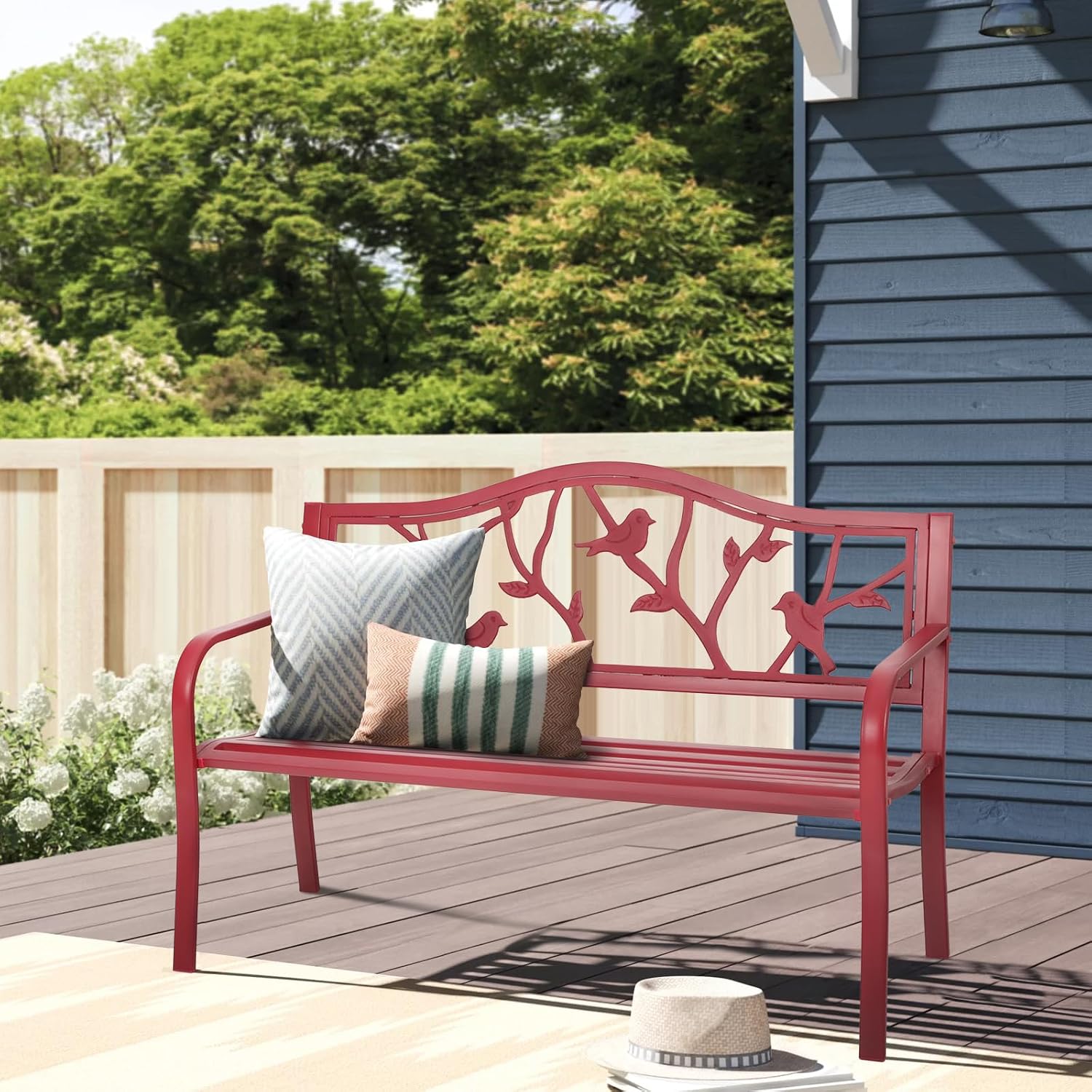 Sophia & William Outdoor Patio Metal Park Bench Red, Steel Frame Bench with Backrest and Armrests for Porch, Patio, Garden, Lawn, Balcony, Backyard and Indoor, 50.4'Wx23.5'D x35.0'H
