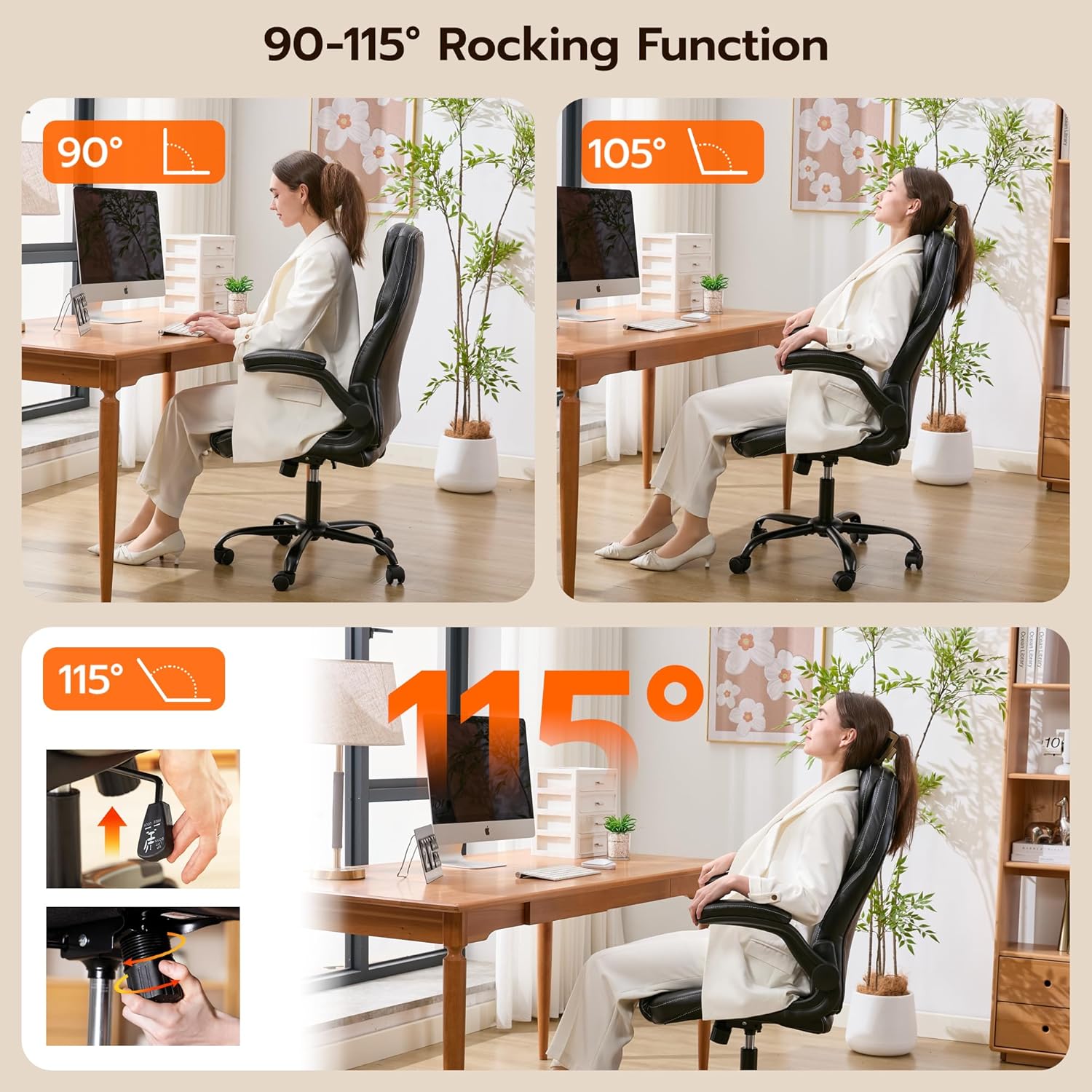 Ylzyxal Office Desk Chair, Ergonomic Computer Chair with Padded Flip-Up Arms and Adjustable Lumbar Support, PU Leather Executive Chair with Tilt Lock and 360° Swivel Rolling Wheels for Work, Study