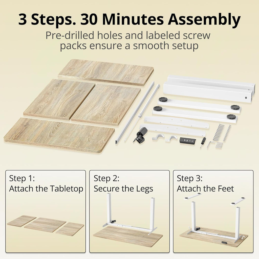 TIQLAB Electric Height Adjustable Standing Desk 71 * 30 inch, Sit Stand Desk with Splice Board, Memory Controller, White Frame & Maple Top Computer Workstation for Home Office