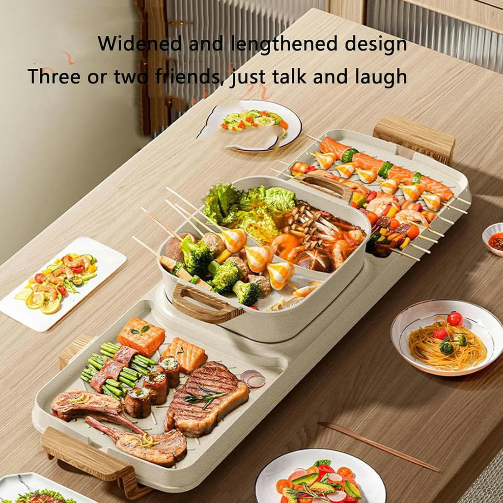 2 and 1 Electric Grill with Hot Pot, Indoor Oven, Shabu-shabu Grill, 2200W Power, Zoned Temperature Control, Suitable for 3~12 People