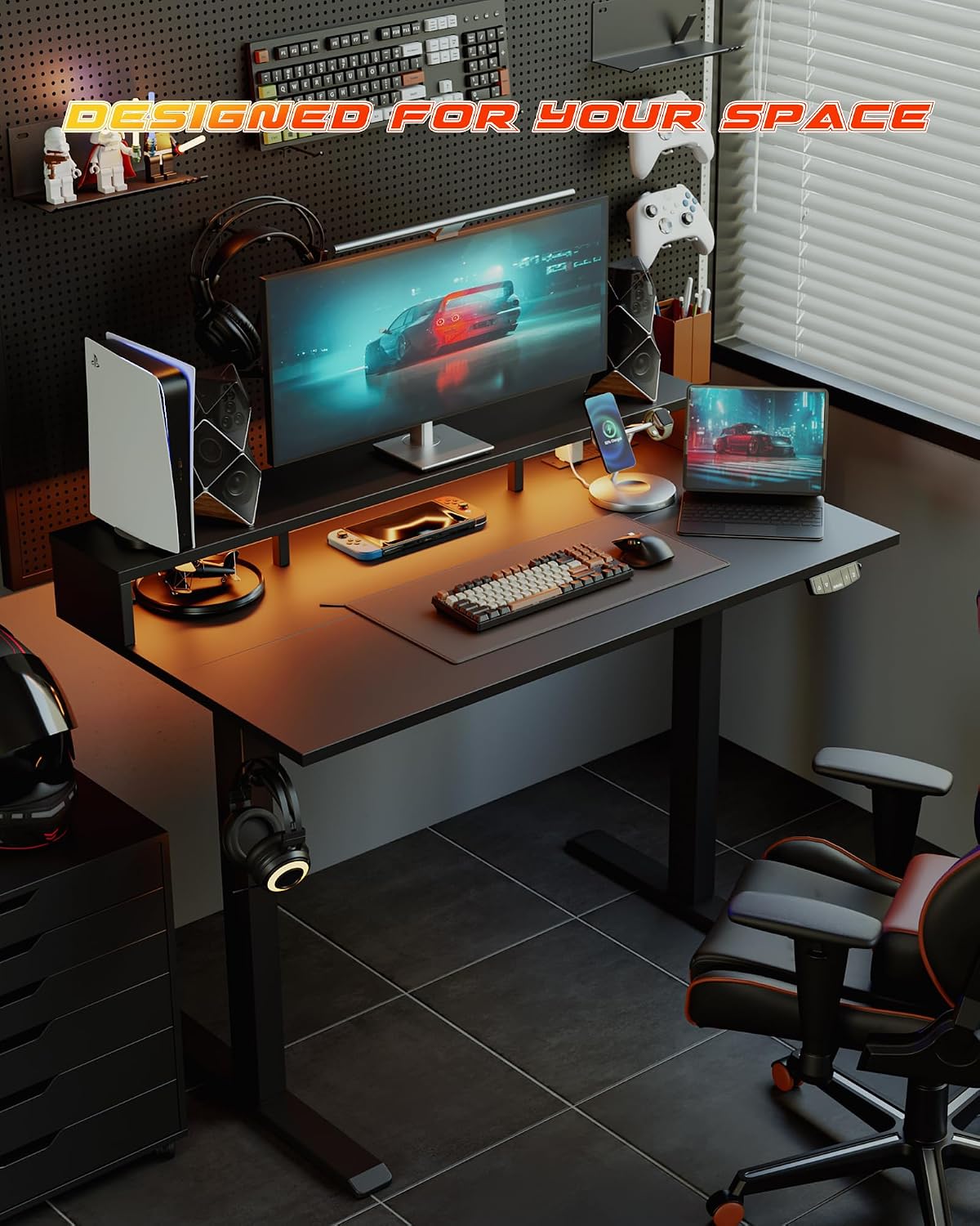 Agilestic 48x24 Inch Electric Standing Desk with Shelf, Height Adjustable Desk with Power Outlets & LED, Sit Stand Up Table with Monitor Stand, Computer Workstation, Black