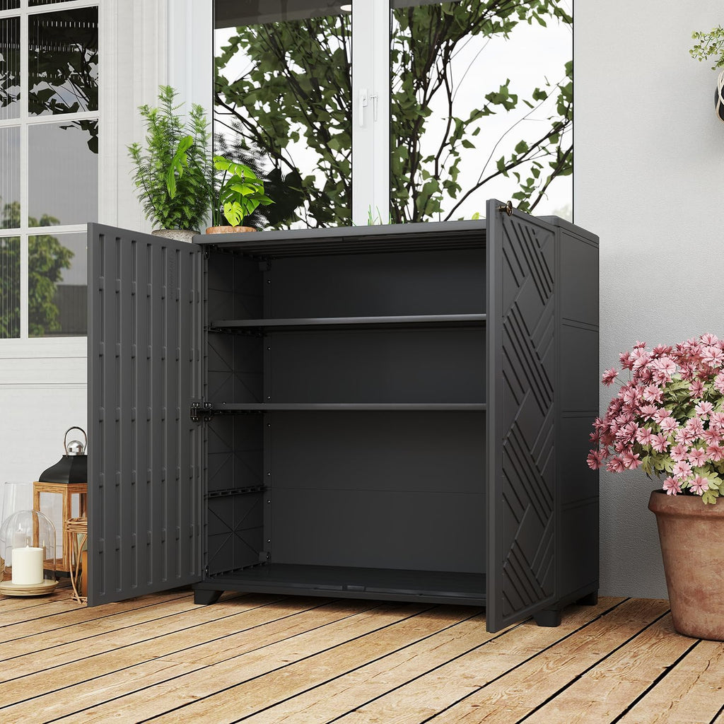 HOMSPARK Indoor/Outdoor Storage Cabinet with Doors and 2 Metal Shelves, 34'x15'x34' HDPE Plastic Storage Box for Patio, Garden, Enterway, Balcony, Multi-Purpose for Daily Tools, Black