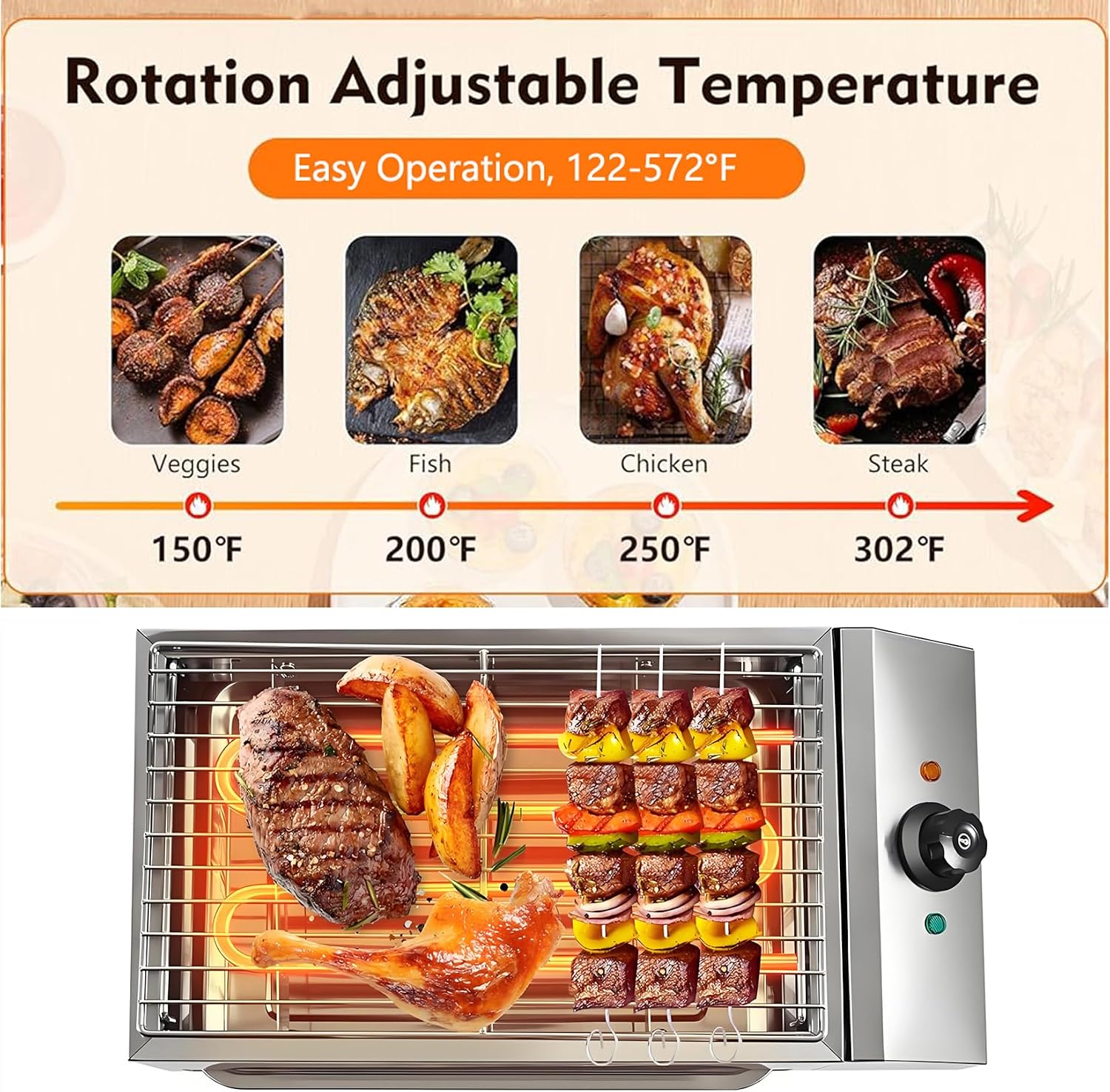 2600W Countertop Electric BBQ Grill, Commercial And Home Use Stainless Steel Barbecue Griddle Smokeless Cooking Oven for Indoor Outdoor Picnic 122° F To 572°F for Burgers Fish Steak
