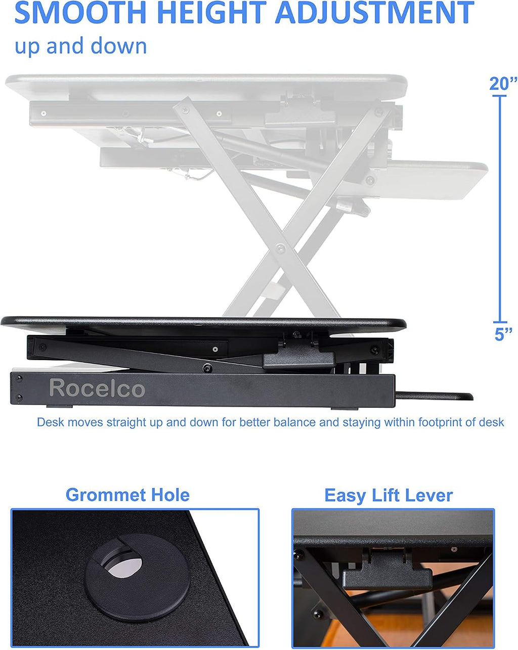 Rocelco 38' Large Height Adjustable Standing Desk Converter - Quick Sit Stand Up Dual Monitor Riser - Gas Spring Assist Tabletop Computer Workstation - Retractable Keyboard Tray - Black (R DADRB-38)