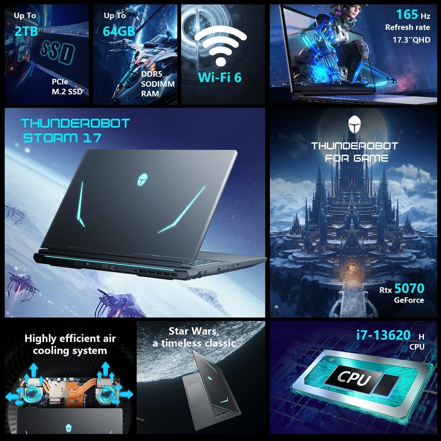Thunderobot Storm 17 5070 Gaming Laptop, 17.3' QHD 165Hz 2K Display, Core i7-13620H, GeForce RTX 5070, 32GB DDR5 RAM, 1TB SSD, RGB Backlit Keyboard, HDMI, Wi-Fi 6, Win11 Home