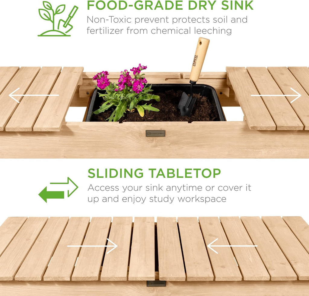 Best Choice Products Mobile Garden Potting Bench, Outdoor Wood Workstation Table w/Sliding Tabletop, 4 Locking Wheels, Food Grade Dry Sink, Storage Shelves- Natural