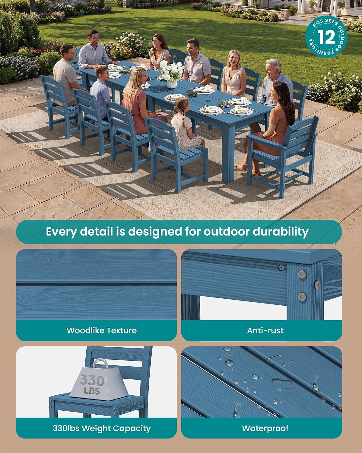 SERWALL Outdoor Dining Sets for 10, HDPE Dining Sets for 10 Person with 2 Rectangular Tables and 8 Armless Chairs and 2 Armchairs, Patio Dining Sets for Garden, Backyard, Poolside, Blue
