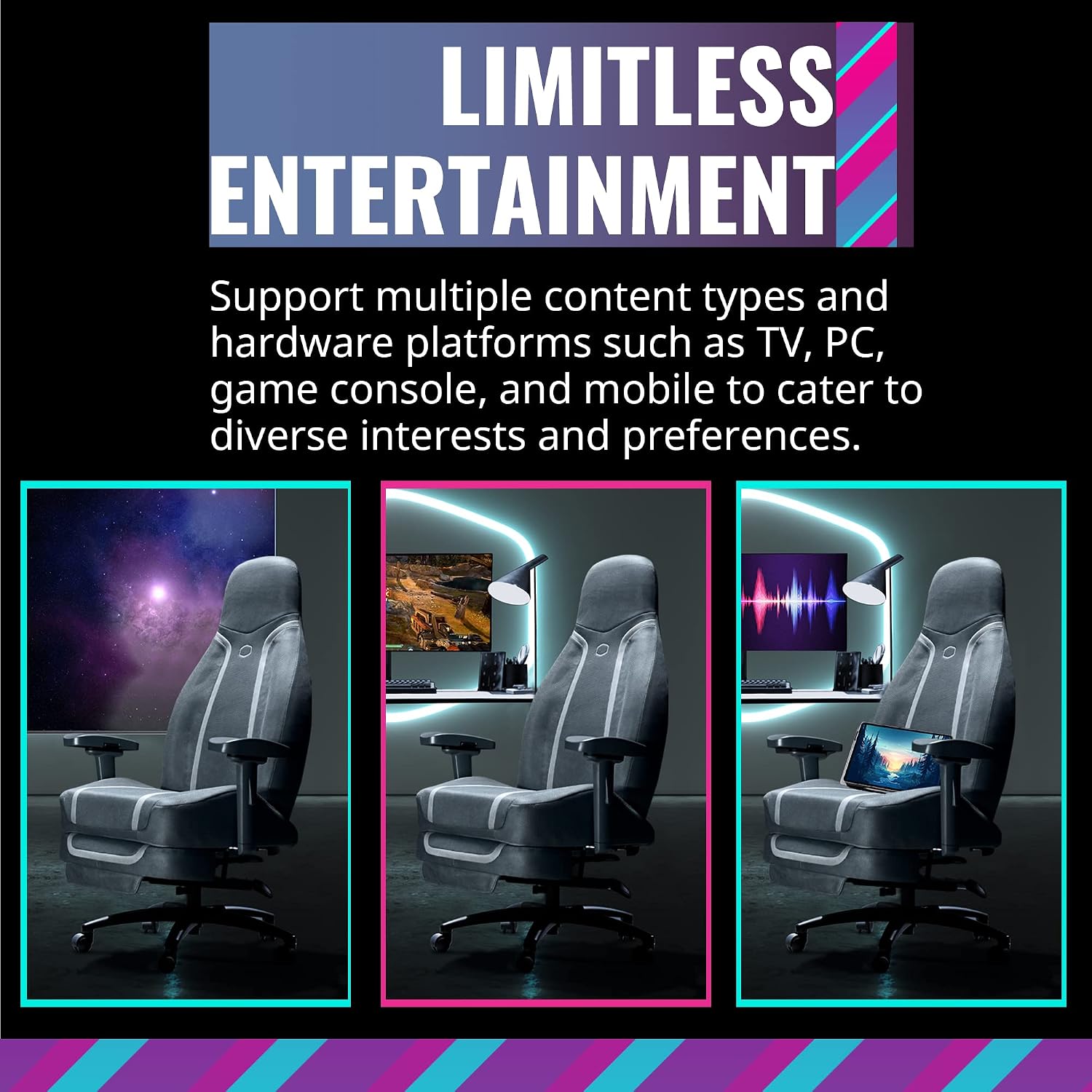 Cooler Master Synk X Lunar Gray Ergonomic Real-Time Tactile Immersion Chair, Retractable Leg Rest, All-in-one Controller, Breathable Fabric, Stable Rolling Base, Solid Structure (IXC-SX1-I-US1)
