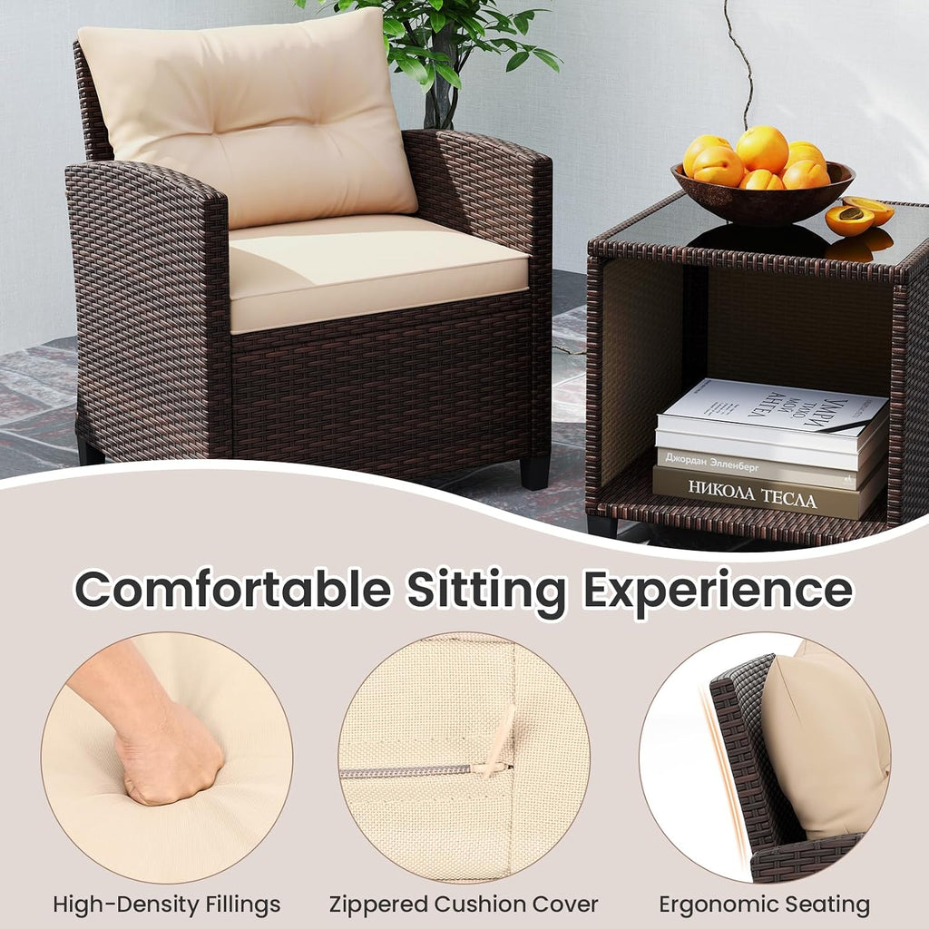 KOTEK 3 Piece Patio Furniture Set, Outdoor Conversation Set with Washable Cushions & Storage Table, PE Rattan Wicker Bistro Set for Porch, Backyard, Balcony (Beige)