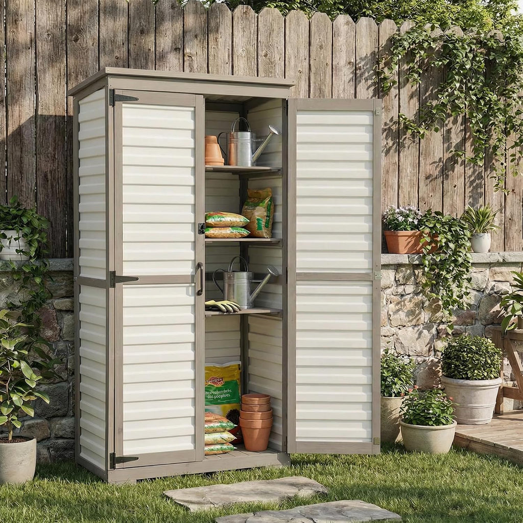Outdoor Storage Cabinet with Shelves, Lockable Garden Shed, Wood & Plastic Weatherproof Outside Tool Cabinet for Patio, Backyard, Balcony White