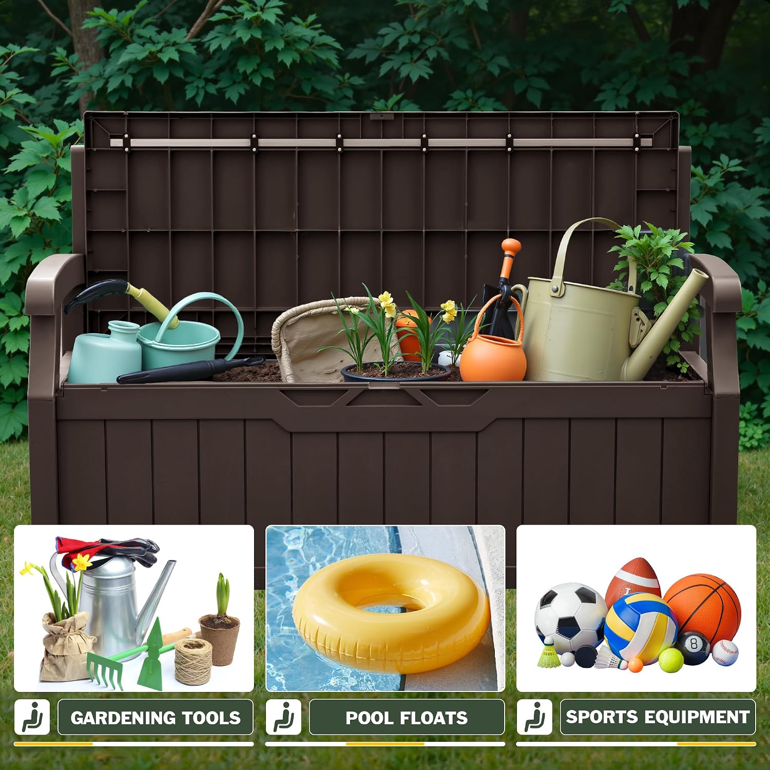 Flamaker 80 Gallon Storage Bench Outdoor Indoor, Durable All-Weather Seating with Hidden Storage, Lockable Deck Box for Garden, Patio, Poolside (Brown)