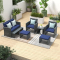 OC Orange-Casual Patio Furniture Sets,8 Pieces Conversation Set, Outdoor Wicker Bistro Set, All Weather Sectional Loveseat Chairs with Ottoman & Coffee Table, Grey Rattan with Navy Blue Cushion