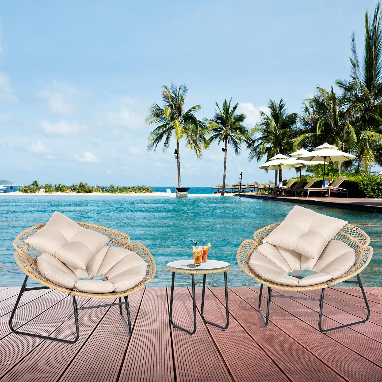 3 Pieces Rattan Bistro Set, Flower-Shaped Wicker Patio Furniture Set with Cushion & Pillow, Bistro Table and Chairs Set of 2 with Glass Top Table Adjustable Foot Pads in Balcony, Apartment