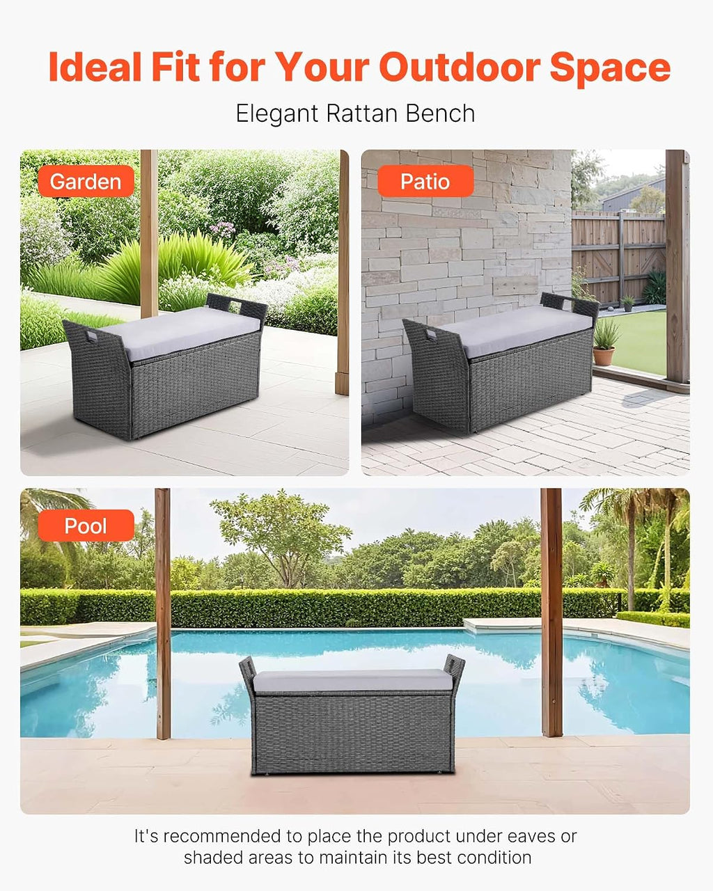 VEVOR Outdoor Storage Bench, 2-Person PE Rattan Storage Bench, 40 Gal Deck Box with Cushion & Side Handle, Supports up to 400 lbs, Outdoor Seating & Porch Decor for Patio Garden Balcony