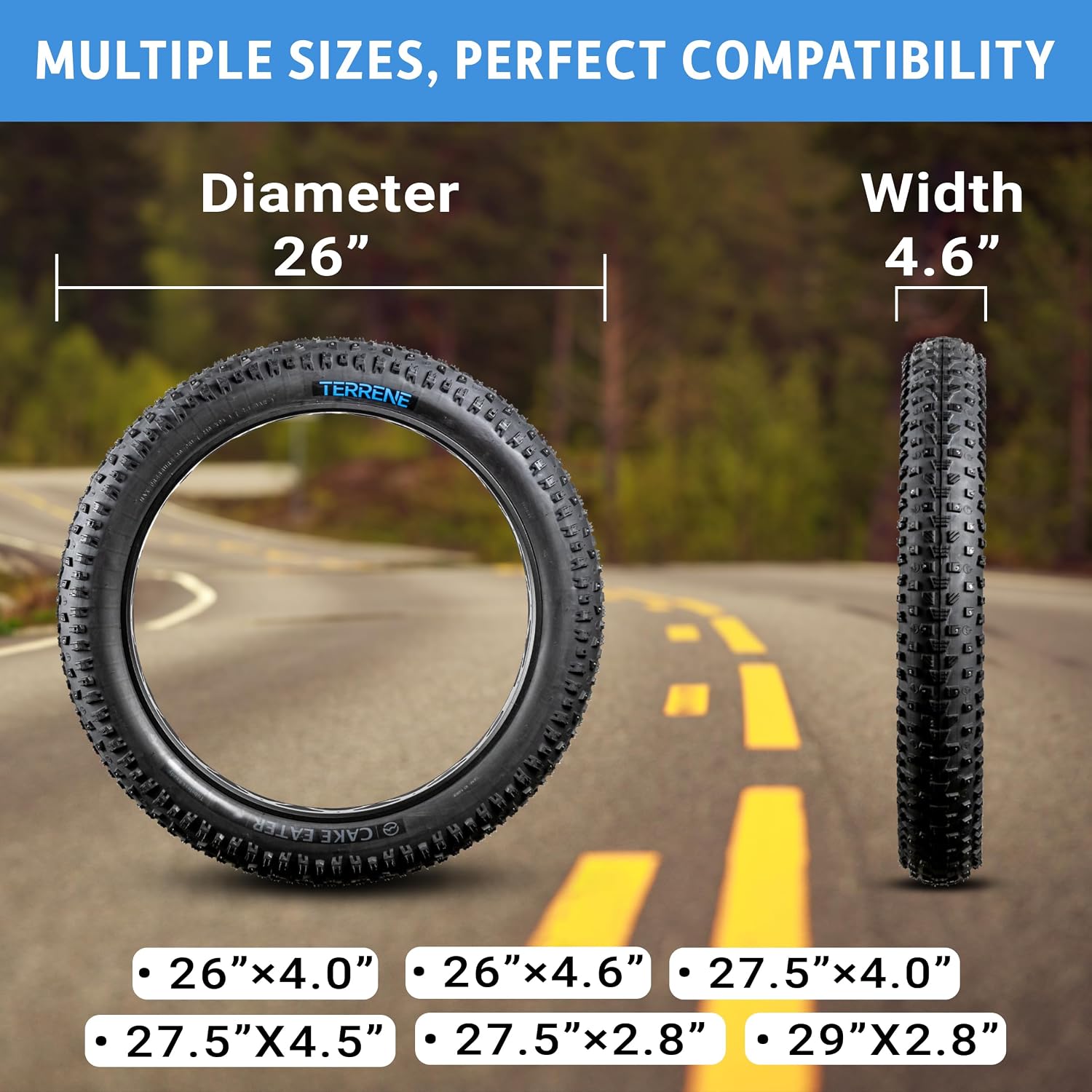 Fat Bike Tire by Terrene - Cake Eater Tubeless, Stud Capable, Fast Rolling Fat Tire - All Season Bike Accessories for Fat Tire and E-Bikes
