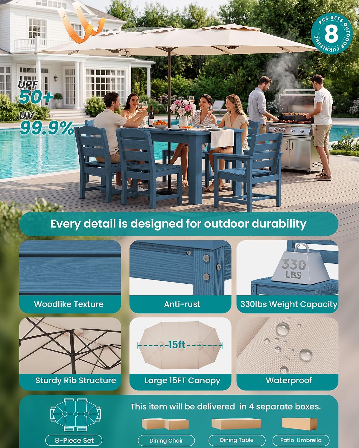 SERWALL Patio Dining Set with 15FT Double Side Umbrella, Outdoor Dining Sets with 1 Rectangular Table and 6 Chairs, HDPE Dining Sets Blue（Umbrella Base not Included）