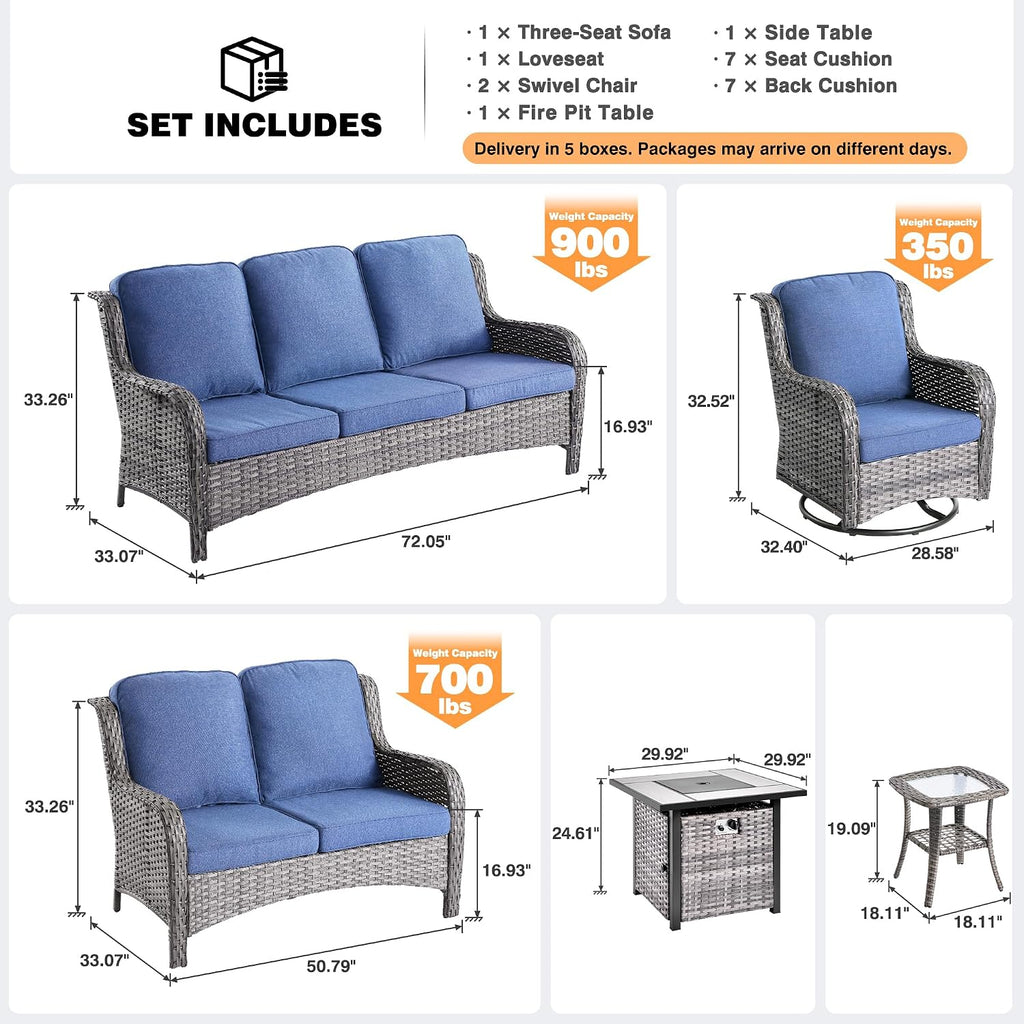 ovios 6 Pieces Patio Furniture Set with 30 inch Fire Pit Table, Outdoor Wicker Sofa Couch Loveseat, Swivel Rocking Glider Chairs, Modern Conversation Set, Grey Rattan, Denim Blue