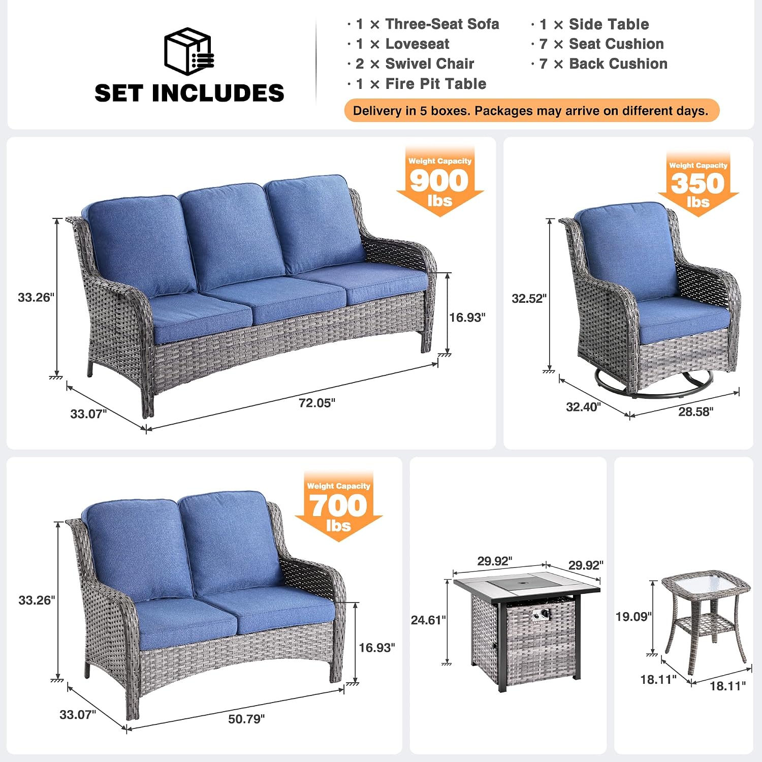 ovios 6 Pieces Patio Furniture Set with 30 inch Fire Pit Table, Outdoor Wicker Sofa Couch Loveseat, Swivel Rocking Glider Chairs, Modern Conversation Set, Grey Rattan, Denim Blue