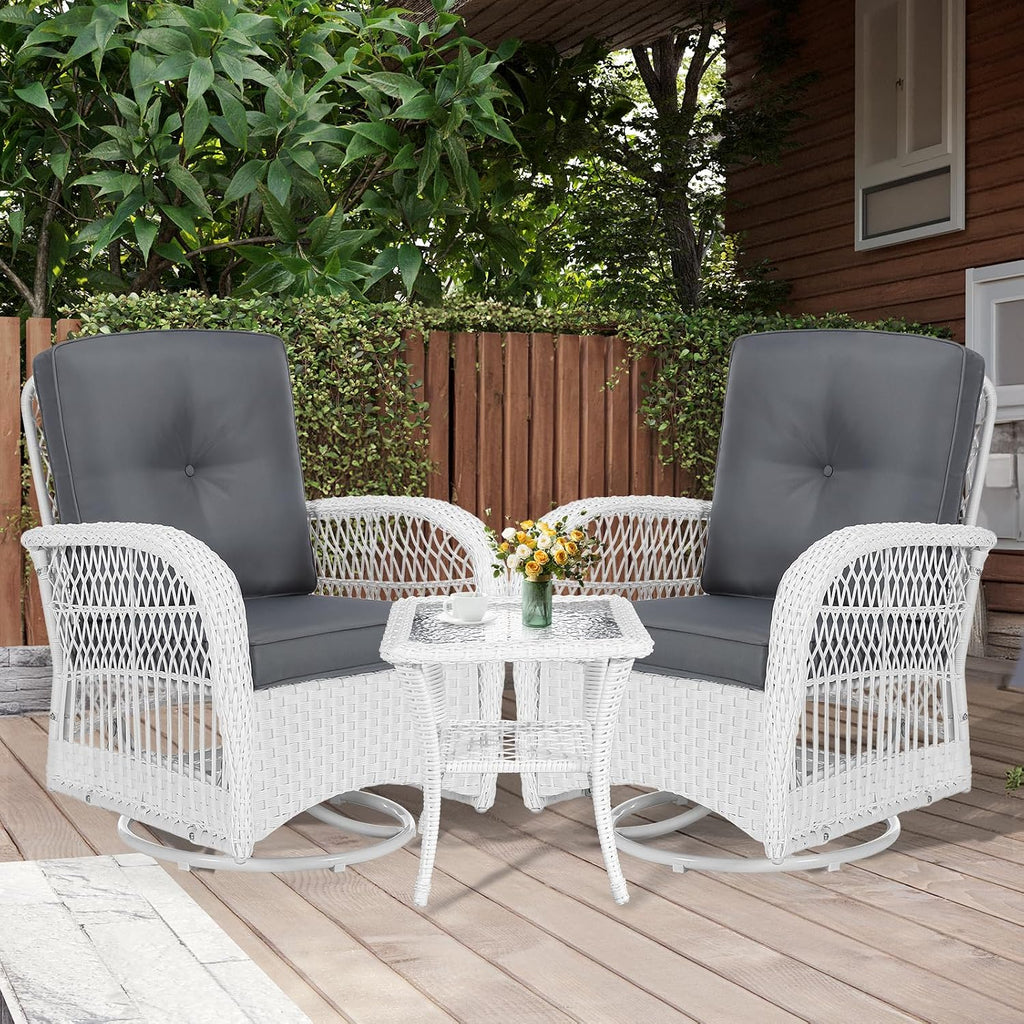 MEETWARM 3 Pieces Outdoor Wicker Swivel Rocker Patio Set, Rocking Chairs Rattan Patio Furniture Sets with Thickened Cushion and Glass-Top Coffee Table, Conversation Bistro Set, White Wicker/Grey