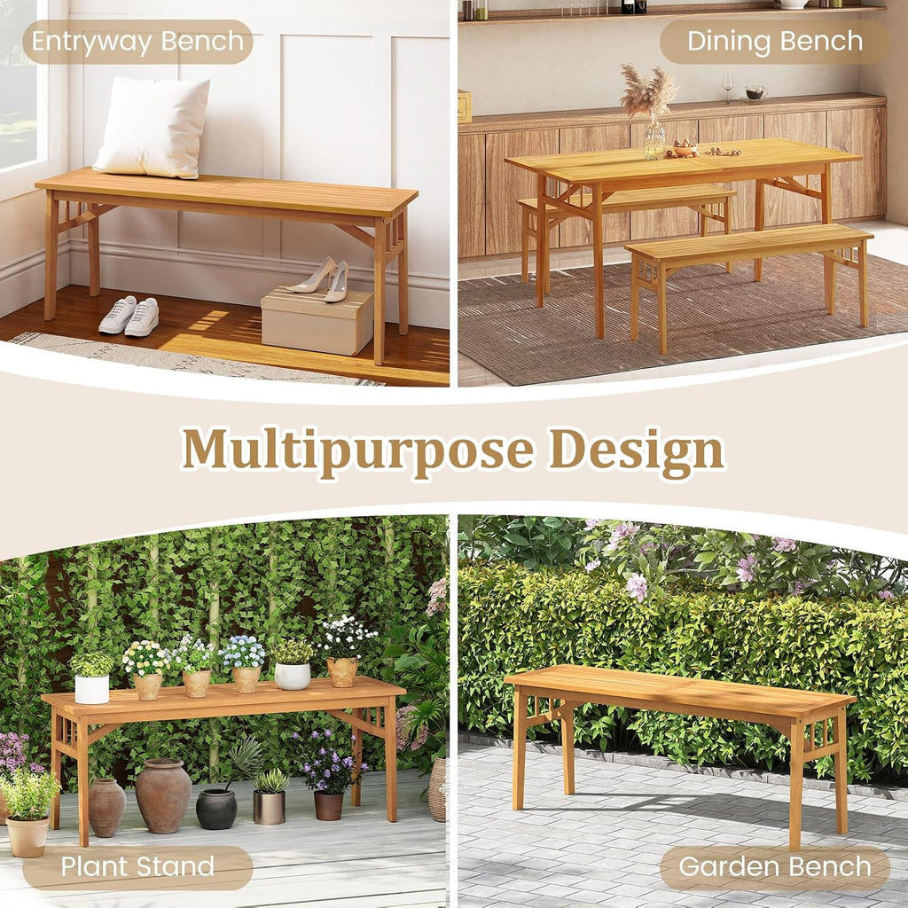 Tangkula Outdoor Acacia Wood Bench Set of 2, 48' Patio Dining Bench with Slatted Seat, Backless Wooden Entryway Bench, Farmhouse Indoor Outdoor Furniture for Garden, Poolside, Park & Deck