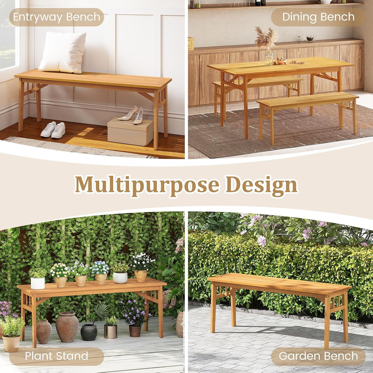 Tangkula Outdoor Acacia Wood Bench Set of 2, 48' Patio Dining Bench with Slatted Seat, Backless Wooden Entryway Bench, Farmhouse Indoor Outdoor Furniture for Garden, Poolside, Park & Deck