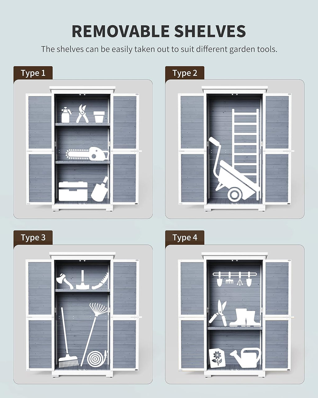 Gizoon Outdoor Storage Cabinet with 3 Shelves, Double Lockable Wooden Garden Shed with Waterproof Roof, Outside Vertical Tall Tool Shed for Yard Patio Lawn Deck-Grey
