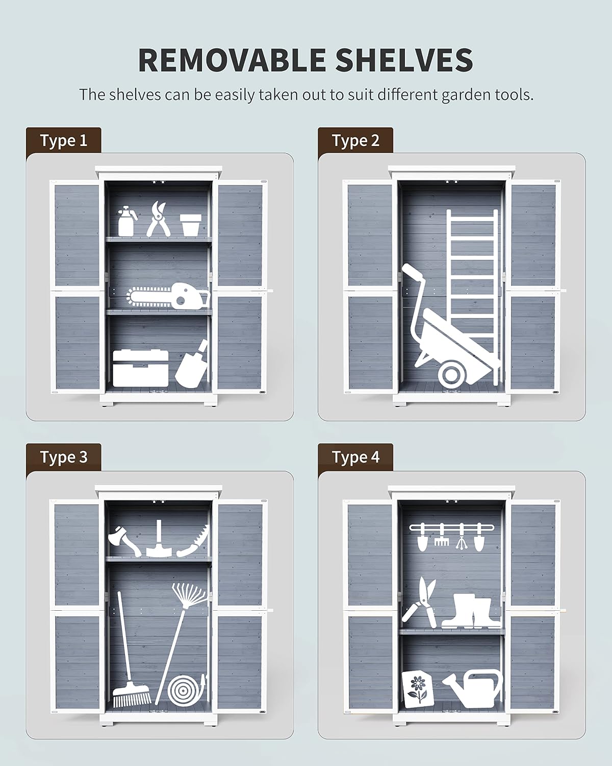 Gizoon Outdoor Storage Cabinet with 3 Shelves, Double Lockable Wooden Garden Shed with Waterproof Roof, Outside Vertical Tall Tool Shed for Yard Patio Lawn Deck-Grey