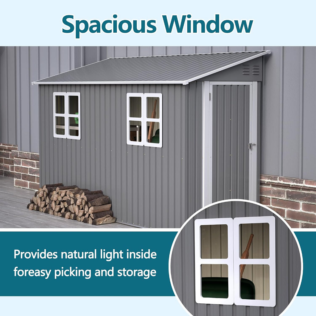 4x10FT Lean to Shed with Floor Frame & Windows, Metal Outdoor Storage Shed, Large Tool Shed for Garden Backyard Patio Storage,Outside Lean to Waterproof Shed, Gray