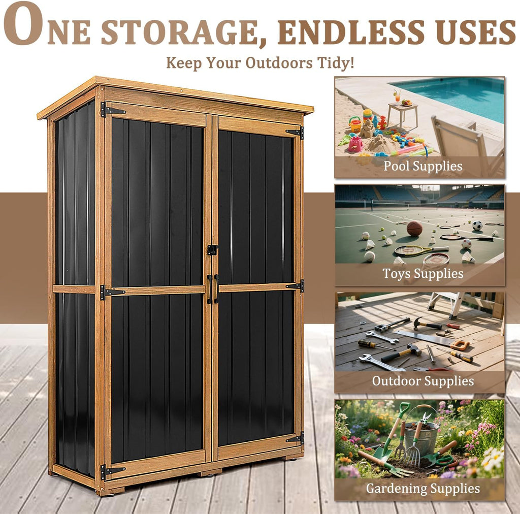 PetsCosset 46' L Large Outdoor Storage Cabinet with Shelves, Wood & Metal Storage Shed Weather-Resistant, Outside Storage Cabinet for Garage Patio Backyard Garden with Waterproof Roof