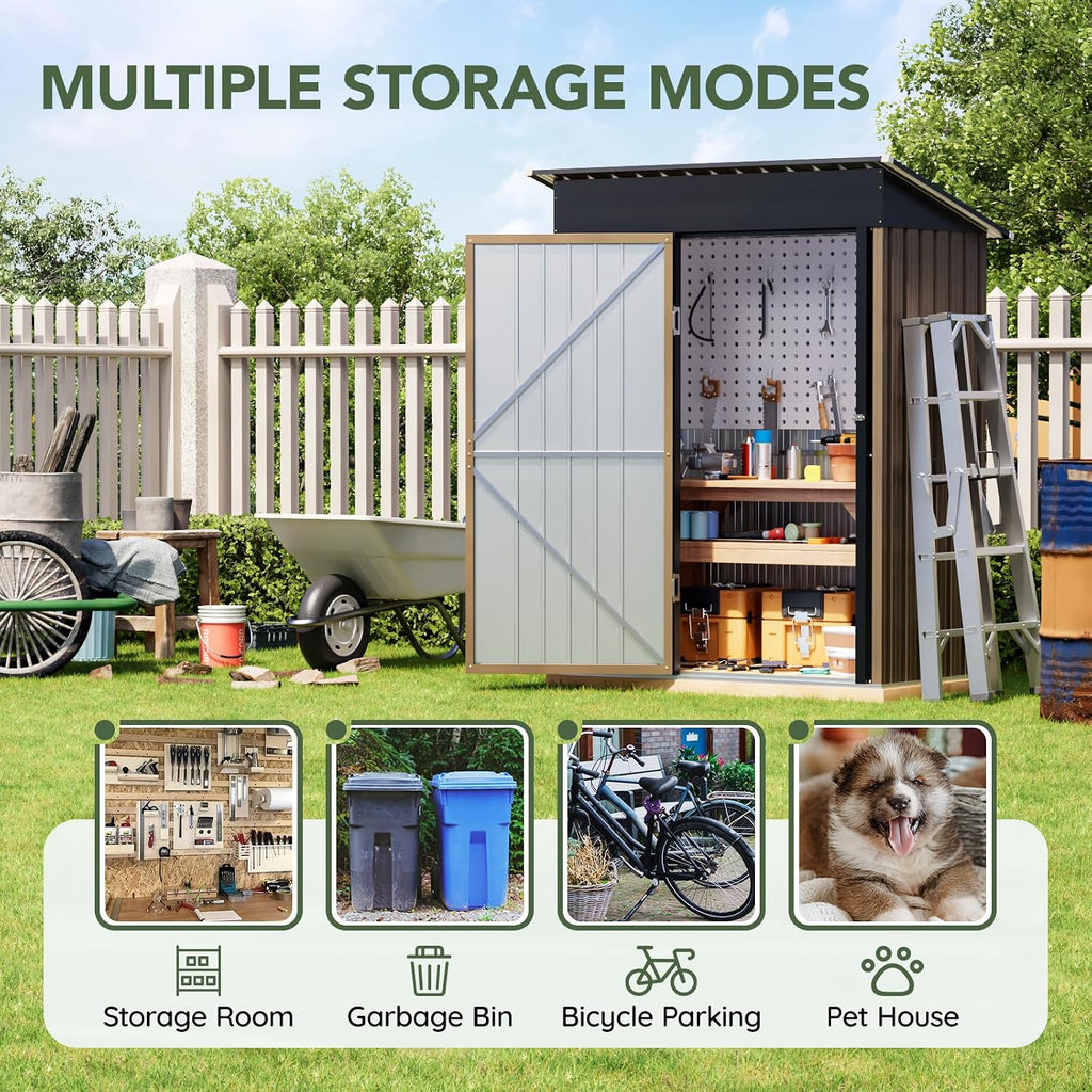 3x5 FT Outdoor Metal Storage Shed with Floor Frame, Single Door, 1 Clear Window, Tool Shed for Garden, Patio, Backyard Brown