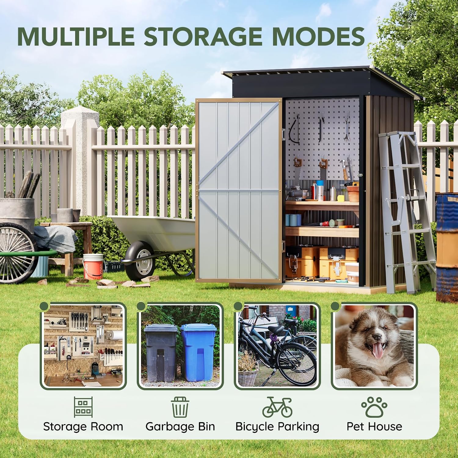 3x5 FT Outdoor Metal Storage Shed with Floor Frame, Single Door, 1 Clear Window, Tool Shed for Garden, Patio, Backyard Brown
