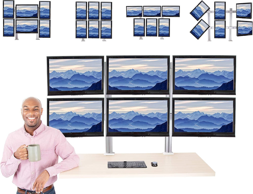 Stand Steady 6 Monitor Mount Desk Setup - Heavy-Duty Height Adjustable Monitor Stand, Swivel Arm with Clamp-On Base, 6 Screen VESA Mount Fits Most LCD/LED Monitors 17-32 in. (Silver, 6 Mounts)