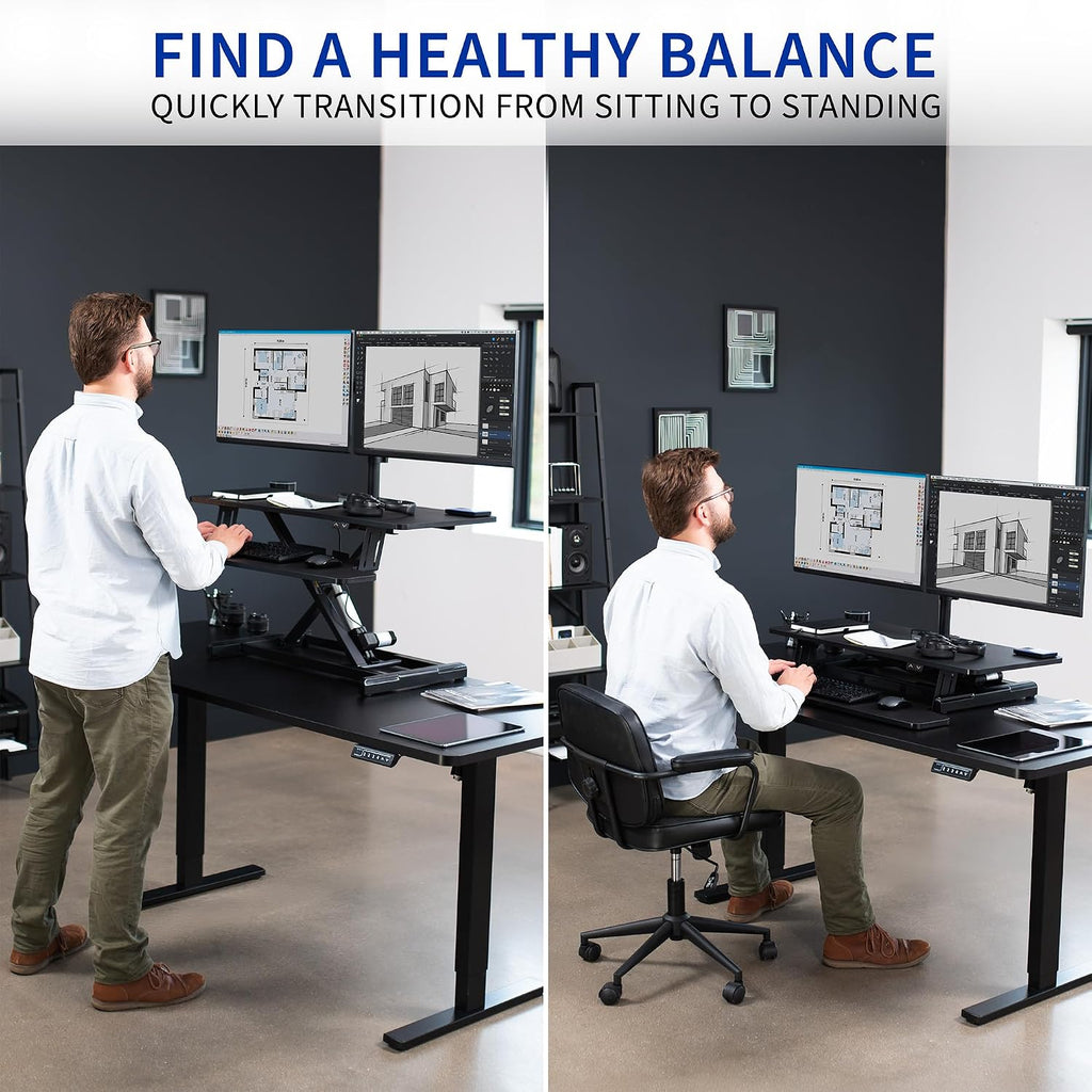 VIVO Electric Height Adjustable 36 inch Standing Desk Converter with Dual Monitor Stand for 13 to 30 inch Screens, Sit Stand Monitor Mount and Desk Riser, Black, DESK-KIT-VE36B2
