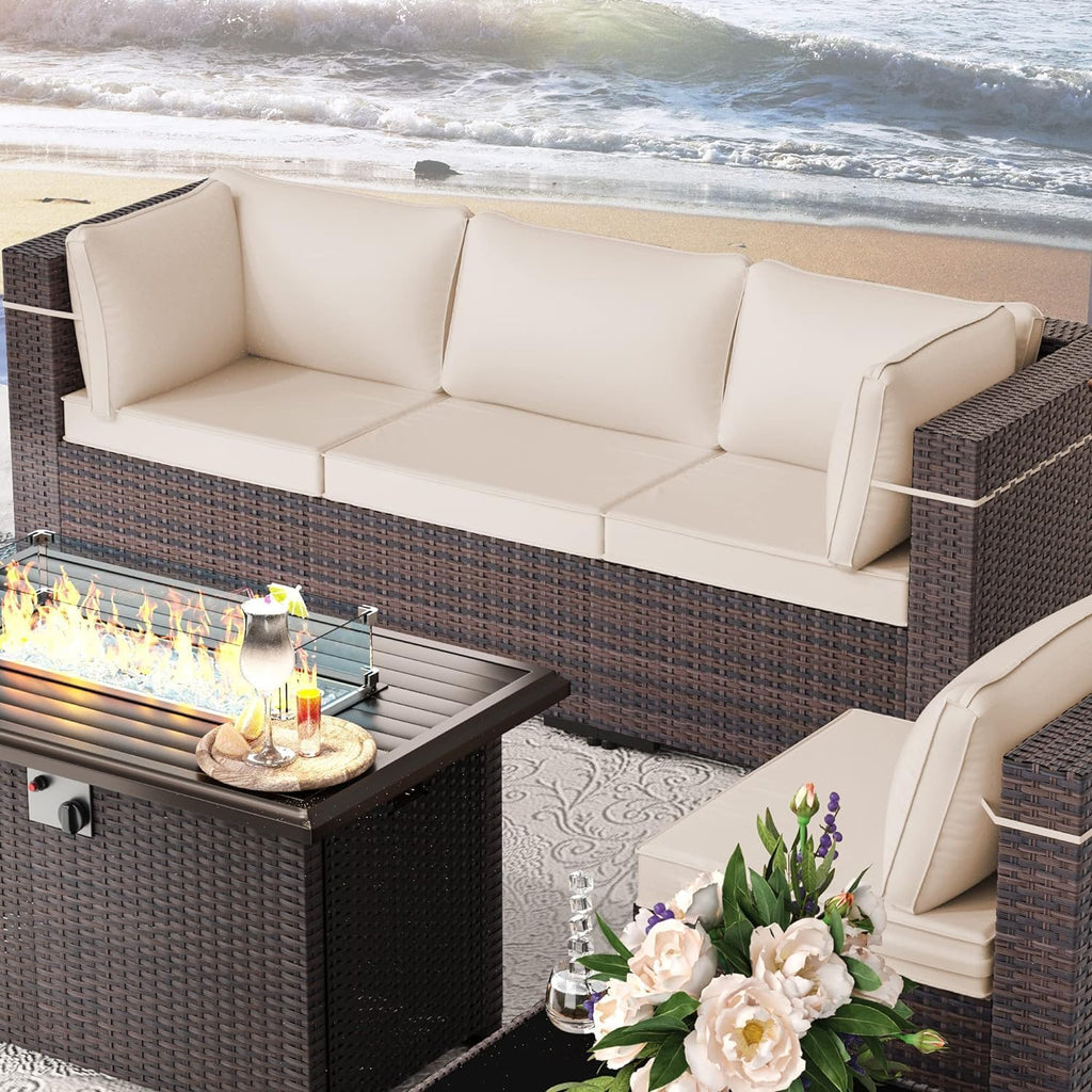 8 Pieces Outdoor Patio Furniture Set,Outdoor Sectional Furniture with 43' 55000 BTU Gas Propane Fire Pit Table,All Weather PE Rattan Wicker Patio Conversation Set,Sand