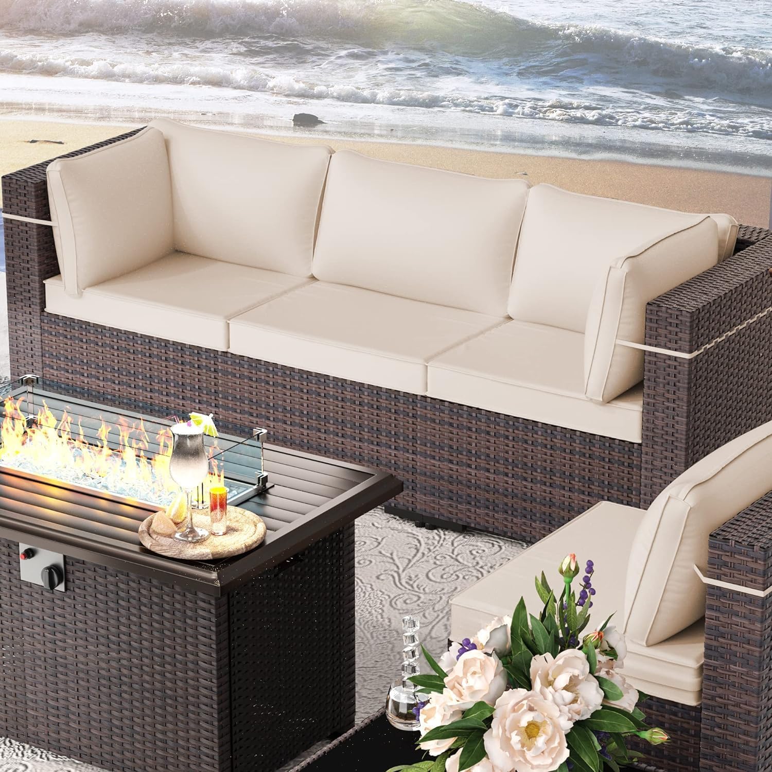 8 Pieces Outdoor Patio Furniture Set,Outdoor Sectional Furniture with 43' 55000 BTU Gas Propane Fire Pit Table,All Weather PE Rattan Wicker Patio Conversation Set,Sand