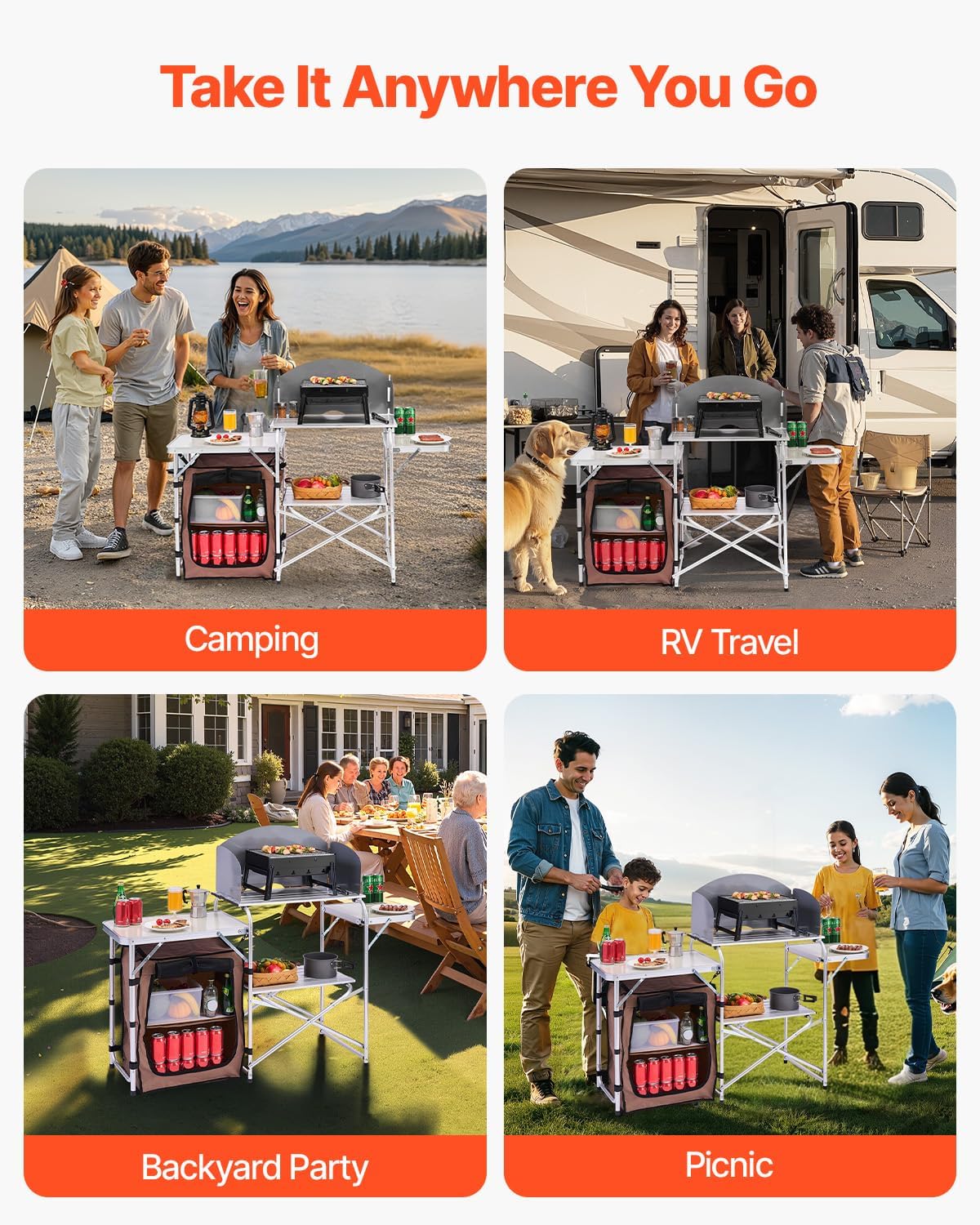 VEVOR Camping Kitchen Table, Folding Outdoor Cooking Table with Storage Carrying Bag, Aluminum Cook Station 1 Cupboard & Detachable Windscreen, Quick Set-up for Picnics, BBQ, RV Traveling, Brown