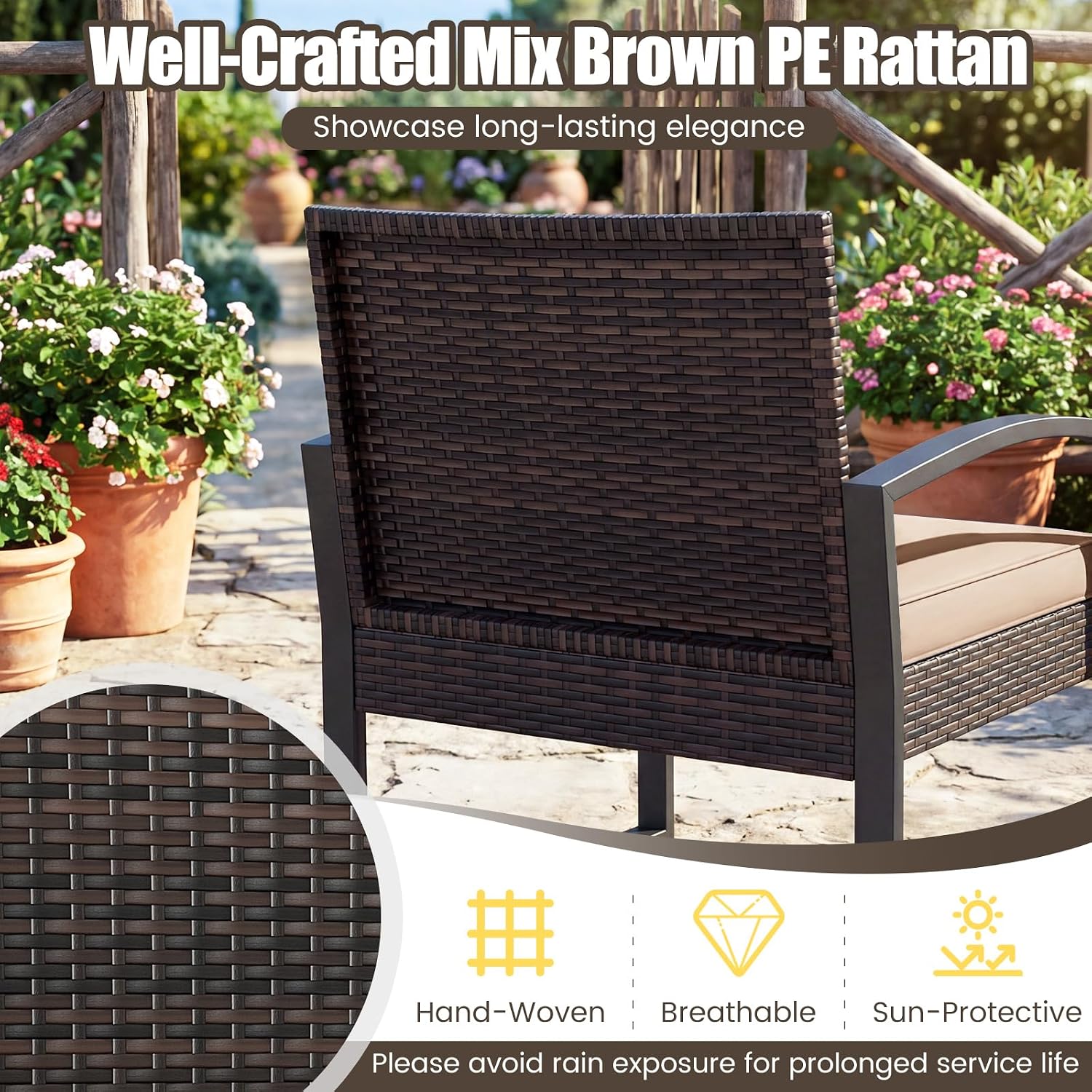 Tangkula 5 Pieces Wicker Patio Conversation Set, Outdoor PE Rattan Chair with Ottoman Set with Glass Side Table, 2-Person Small Balcony Furniture Seating Set with Cushions for Porch, Backyard, Deck