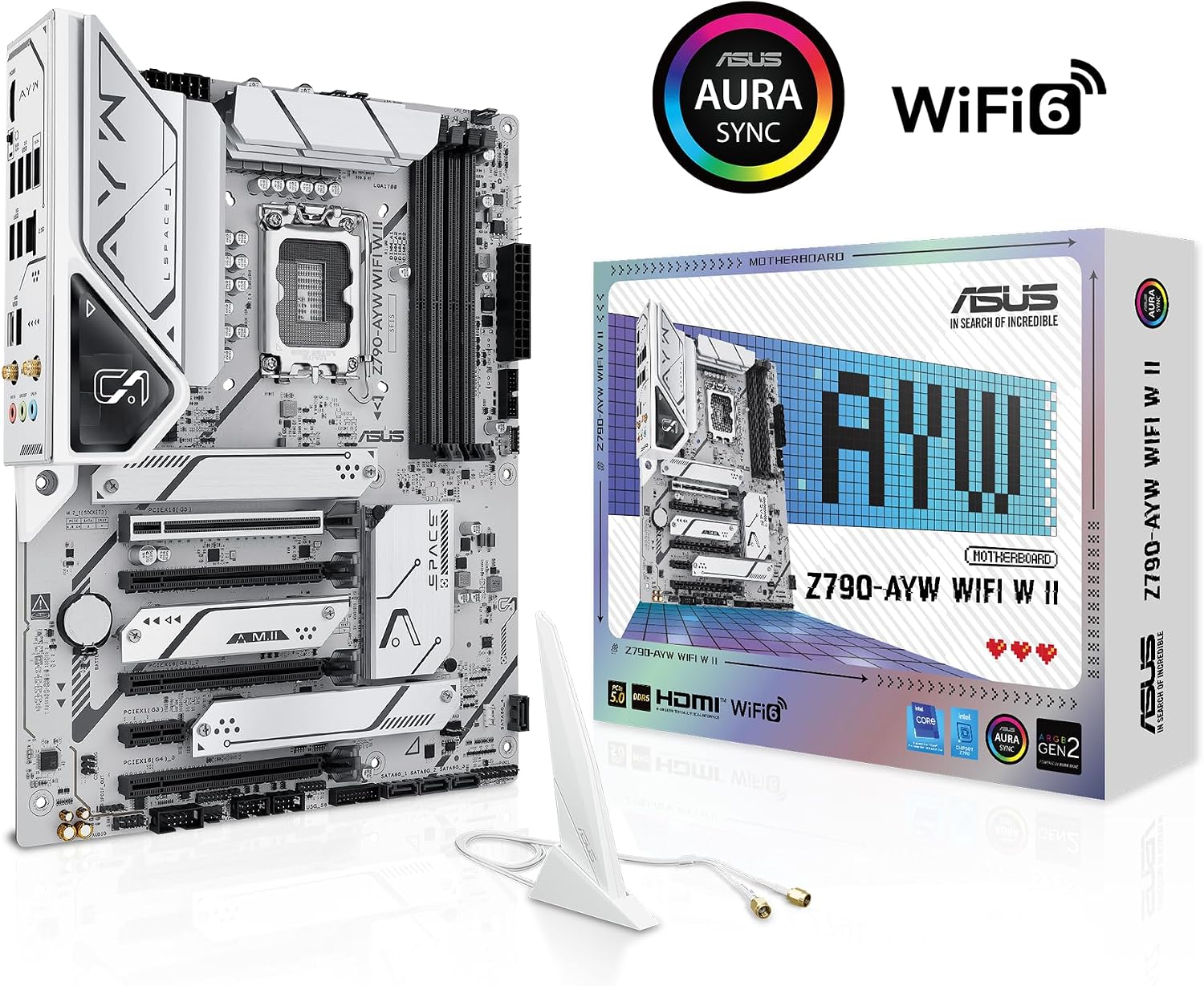 ASUS Z790-AYW WiFi W II Intel Z790 (LGA 1700) ATX Motherboard with PCIe® 5.0, 3X M.2, 12+1 DrMOS, DDR5, WiFi 6, 2.5Gb LAN, HDMI, USB 10Gbps Type-C®, USB 10Gbps Type-C®, Thunderbolt™, USB4®, Aura Sync