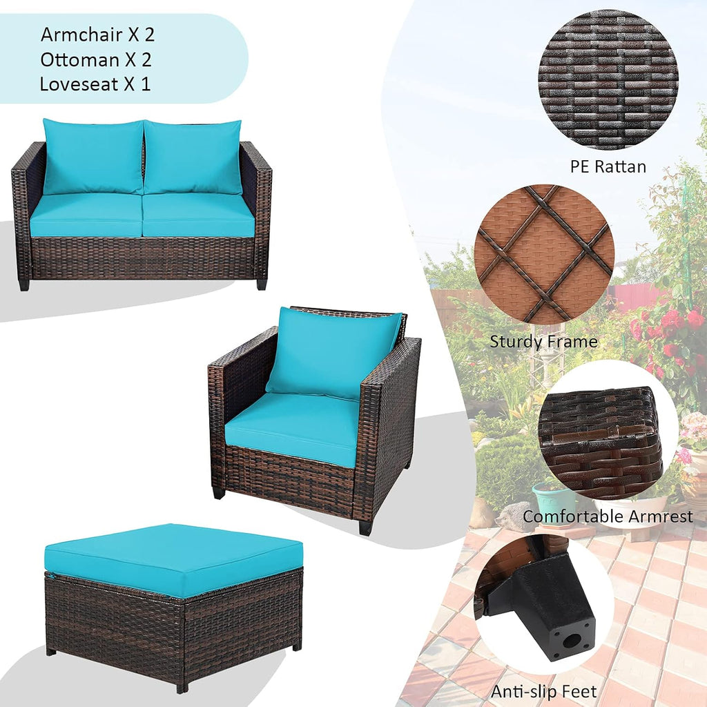 Tangkula 5 Pieces Rattan Patio Furniture Set, Outdoor Sectional Wicker Sofa Set with Loveseat, 2 Single Sofas, 2 Ottomans & Removable Cushion, Outside Daybed Sofa for Yard, Garden, Poolside, Turquoise