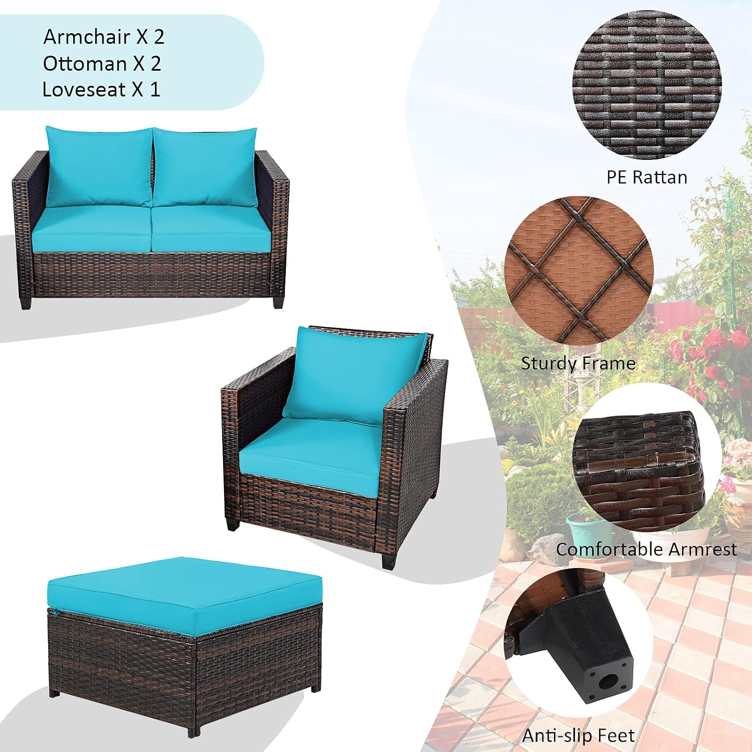 Tangkula 5 Pieces Rattan Patio Furniture Set, Outdoor Sectional Wicker Sofa Set with Loveseat, 2 Single Sofas, 2 Ottomans & Removable Cushion, Outside Daybed Sofa for Yard, Garden, Poolside, Turquoise