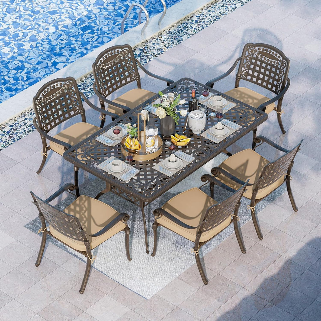 Grepatio 7 Piece Patio Dining Set Outdoor Dining Table Set Cast Aluminum Furniture Set with 6 Dining Armchairs and Dining Table, 6 Cushions Included for Backyard Garden Deck Poolside