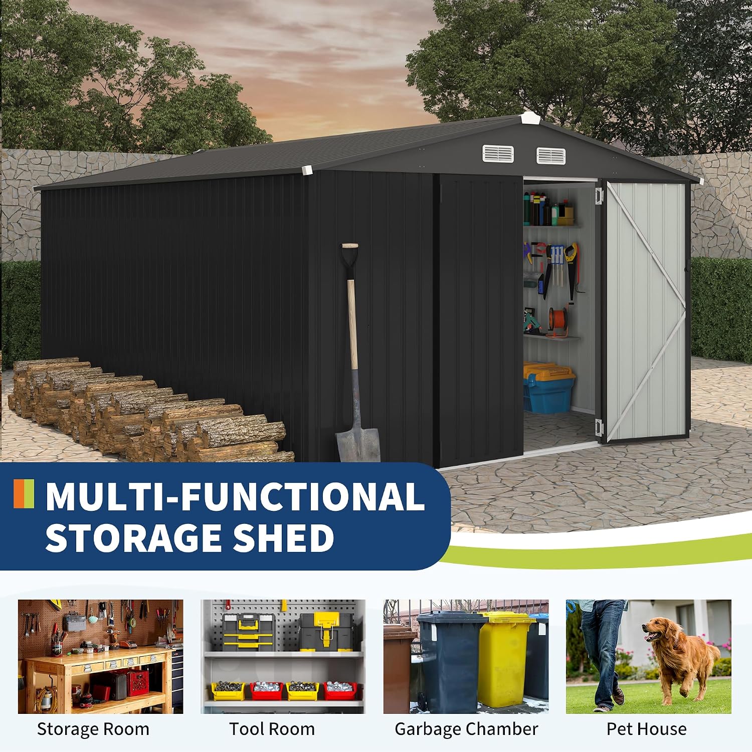 GarveeLife 10x14 Ft Outdoor Storage Sheds, Metal Garden Tool Shed for Backyard, Large Metal Sheds Outdoor Storage with Lockable Doors & Air Vents for Backyard Garden Patio Lawn