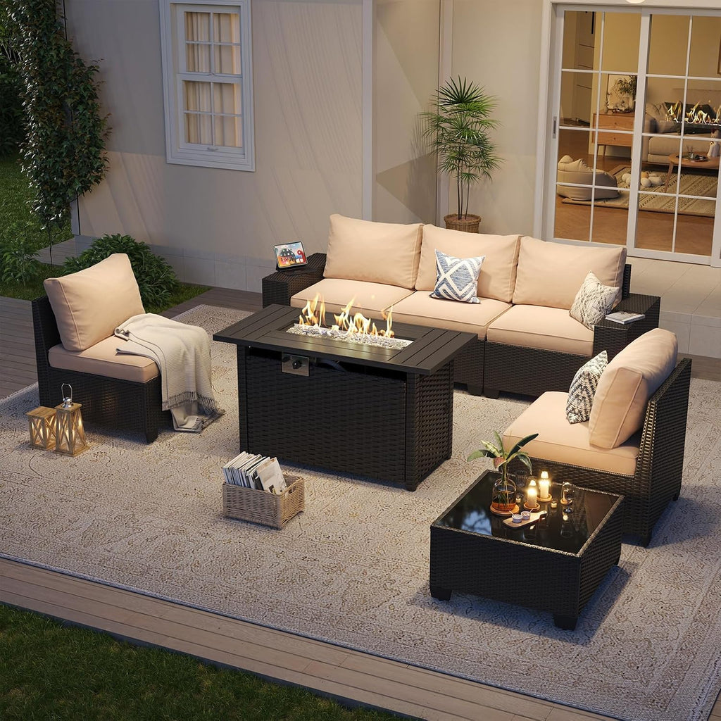 Aoxun Patio Furniture Set with 44'' Fire Pit Table, 7 Pcs Outdoor Patio Furniture Sets with 4in Thicken Cushion, Widen Armrests Wicker Outdoor Sectional for Backyard with Cover and Gas Converter