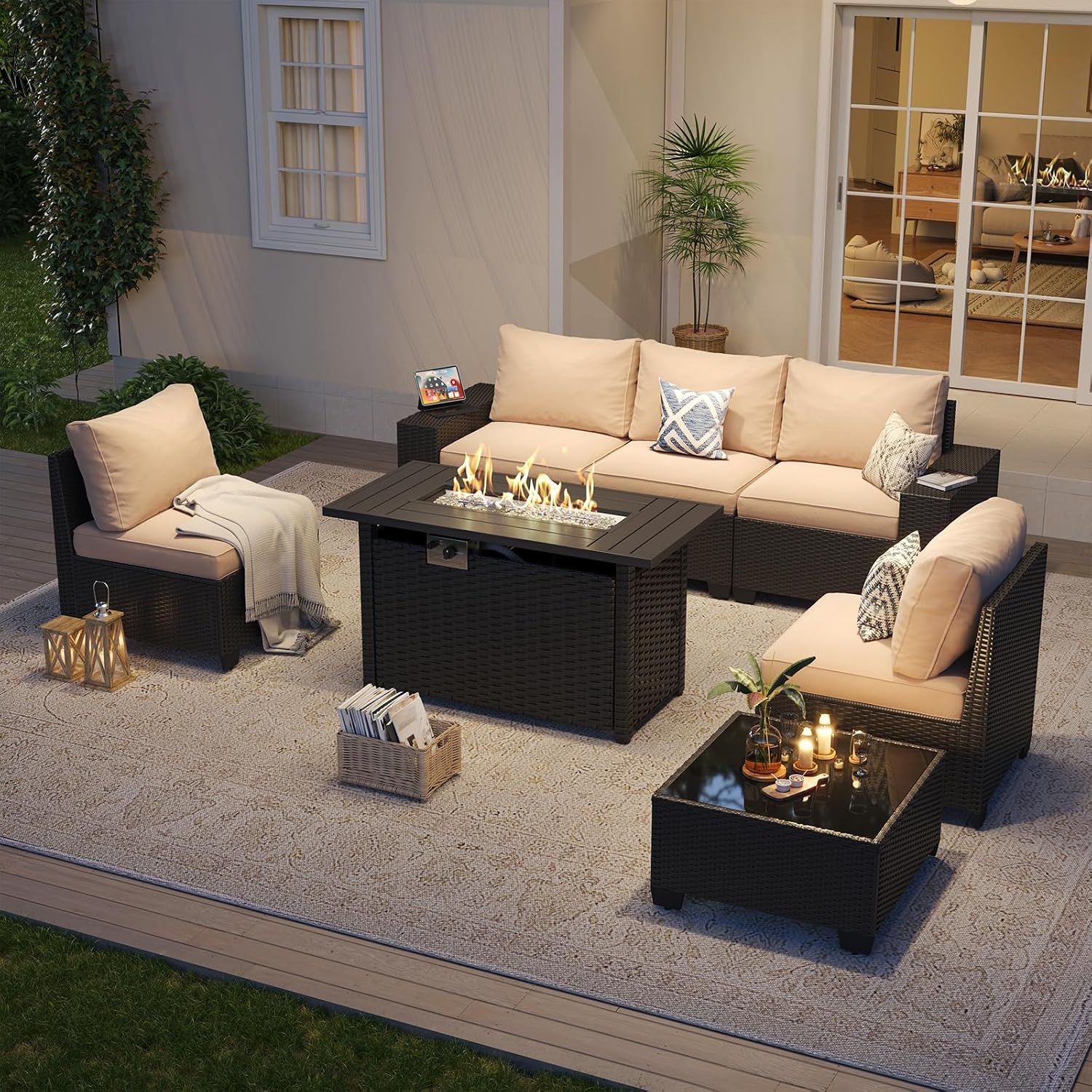 Aoxun Patio Furniture Set with 44'' Fire Pit Table, 7 Pcs Outdoor Patio Furniture Sets with 4in Thicken Cushion, Widen Armrests Wicker Outdoor Sectional for Backyard with Cover and Gas Converter