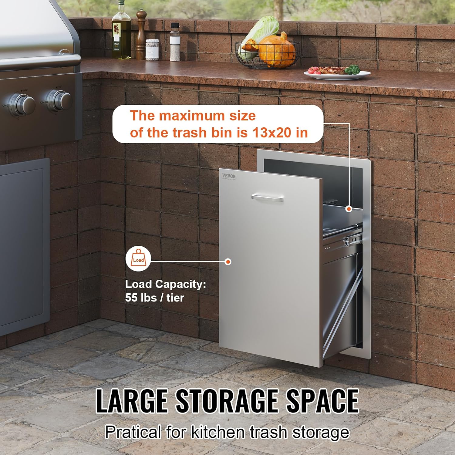 VEVOR Outdoor Kitchen Trash Drawer 17.7W x 25H x 22.8D Inch, Stainless Steel Trash Drawer with Handle and Pull-Out Tray, Outdoor Pull Out Kitchen BBQ Island, Trash Can NOT Included