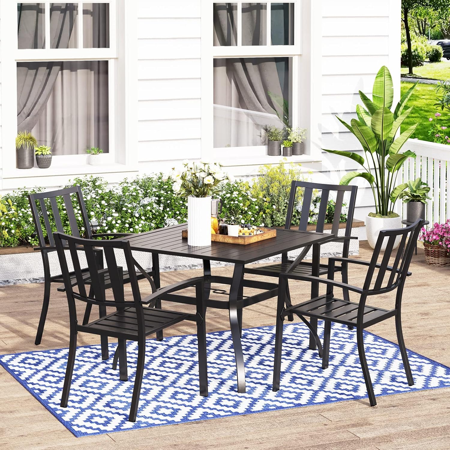 MFSTUDIO Outdoor Dining Set for 4, Patio Table and Chairs Set with Umbrella Hole, Metal Patio Furniture Set for Patio, Deck, Yard, Porch