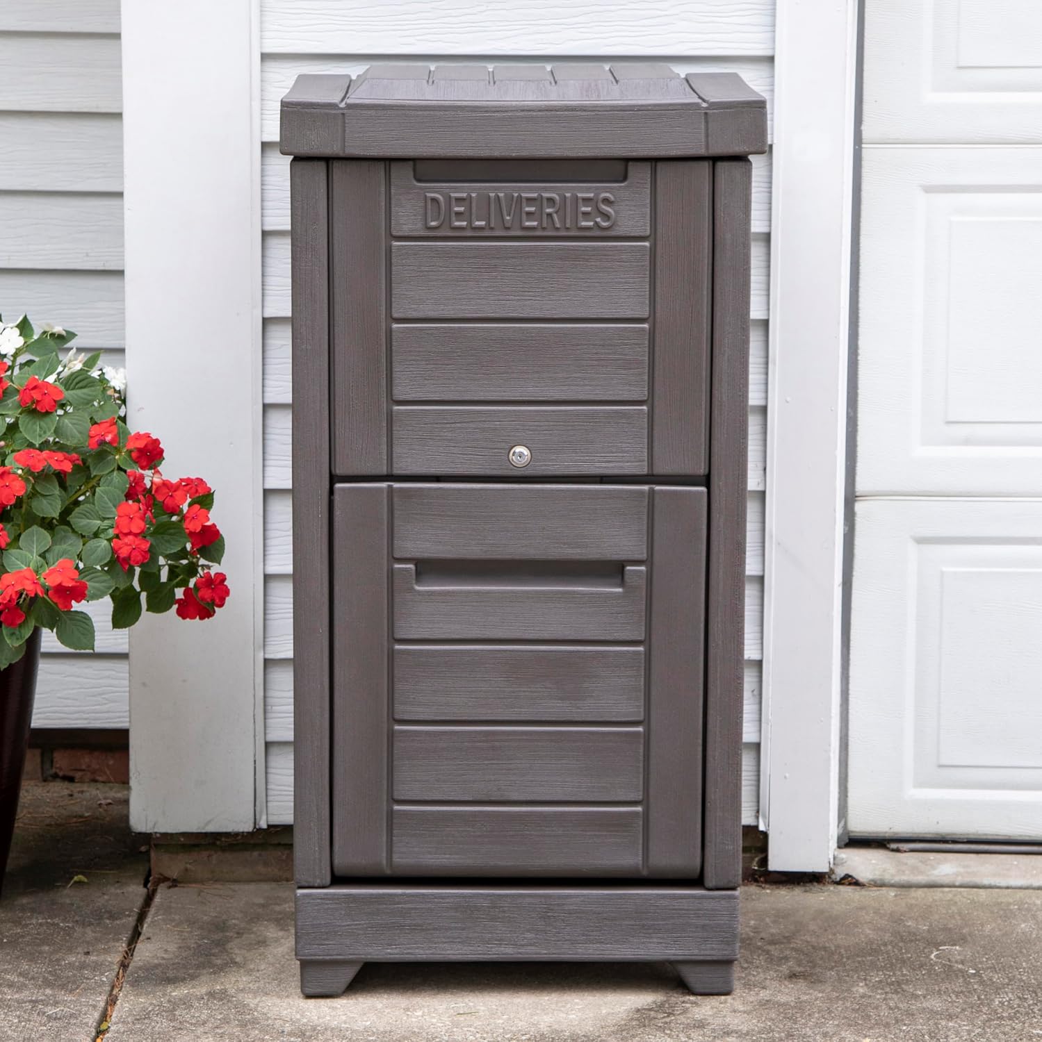 Step2 Lakewood Package Delivery Box, Weather Resistant, Large Outdoor Parcel Storage, Made of Durable Plastic, Easy Install, Lock & Key Access, Dark Cedar